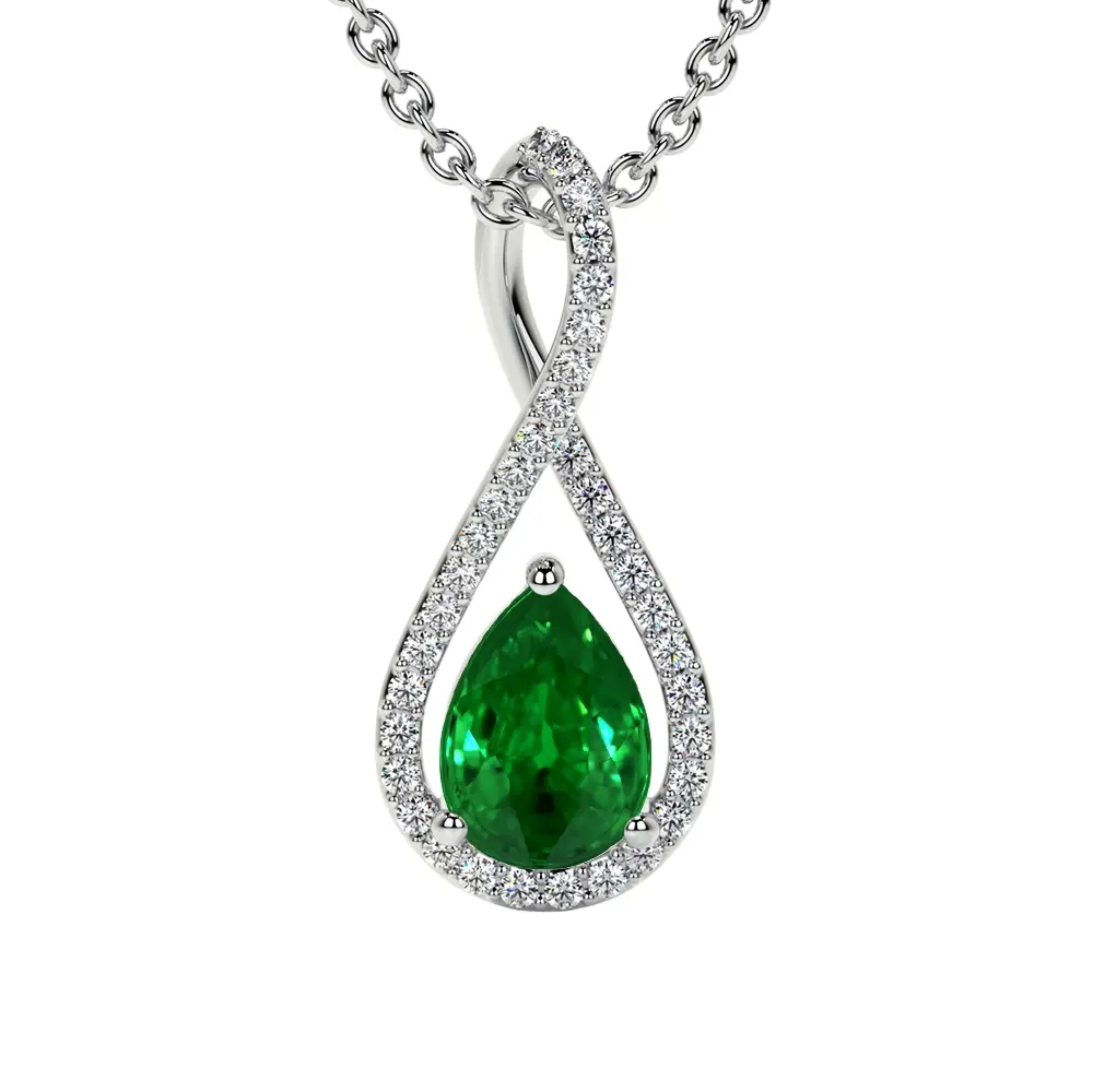 Natural Green Emerald Pear Twist Pendant with Diamonds